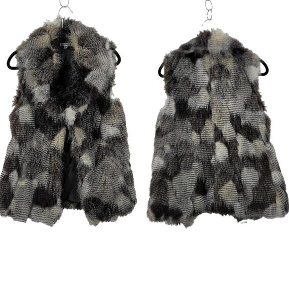 Free Generation Shaggy Patchwork Vegan Faux Fur Vest S Brown Gray Glam Night Out - Picture 1 of 13